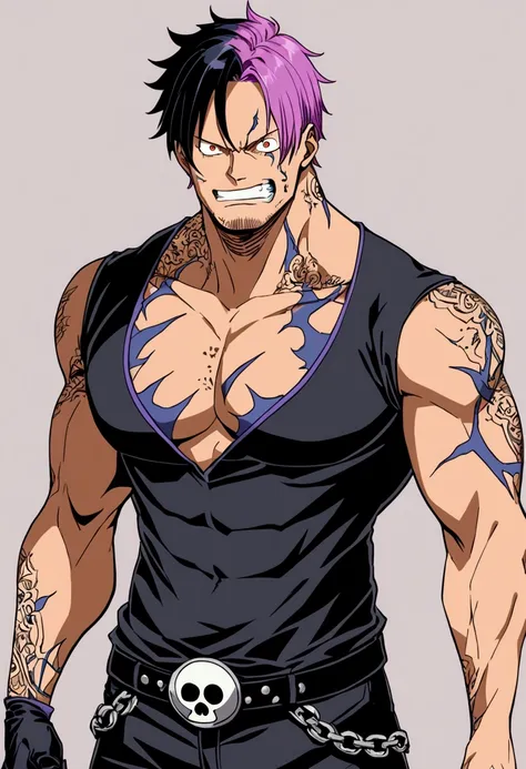 One Piece style. A tall, broad-shouldered, and muscular man with lightly-tanned skin and with long, indigo-colored hair with scattered pink streaks hair. wearing a black short-sleeved shirt with purple accents, black combat pants, black steel gloves, and b...