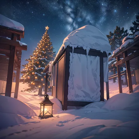 intricate detailed night sky, christmas tree, snow, winter landscape, warm lighting, holiday atmosphere, (best quality,4k,8k,highres,masterpiece:1.2),ultra-detailed,(realistic,photorealistic,photo-realistic:1.37),volumetric lighting,cinematic composition,m...