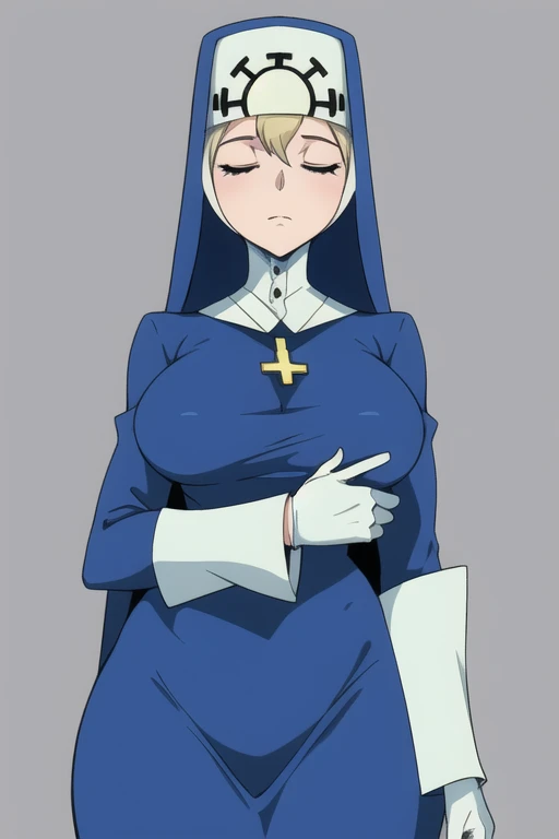 Double, short blonde hair, nun uniform, medium breasts, solo, 1girl, worried look, cowboy shot, closed eyes, 
 blue habit, cross necklace ,white gloves, long sleeves, nun, long skirt
(insanely detailed, beautiful detailed face,beautiful detailed eyes, mast...