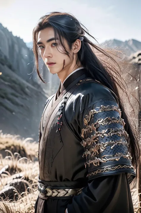 A 21-year-old Asian man，Thick eyebrows, handsome face，Mens full body, mountain in background，Time is night。limbs have pronounced muscle lines，high-definition photography，Real-world scenarios，Lots of detail, messy long hair, wearing pure black hanbok long s...