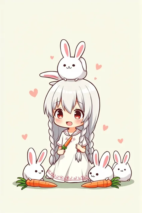 Nghệ thuật anime Chibi dễ thương,a , hair braided on both sides , white hair , wearing a white dress decorated with simple patterns, on her head are two talented rabbits , she eats carrots , along with other white rabbits  