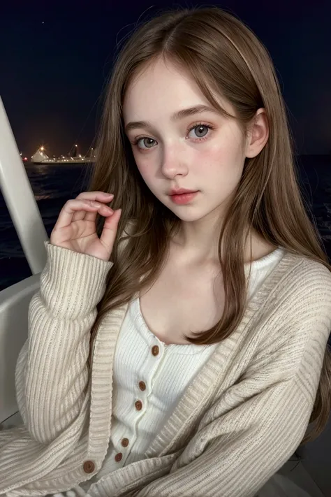 Pretty girl, Belgium girl, feminine face, pale white skin, cute, small nose, very long light brown hair, juicy lips, on boat ,wearing cardigan, at sea at night 