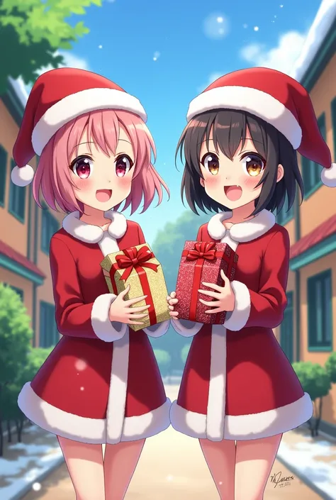 Anime Beautiful Elementary School Sisters 、 are handing out presents while wearing Santa Claus costumes