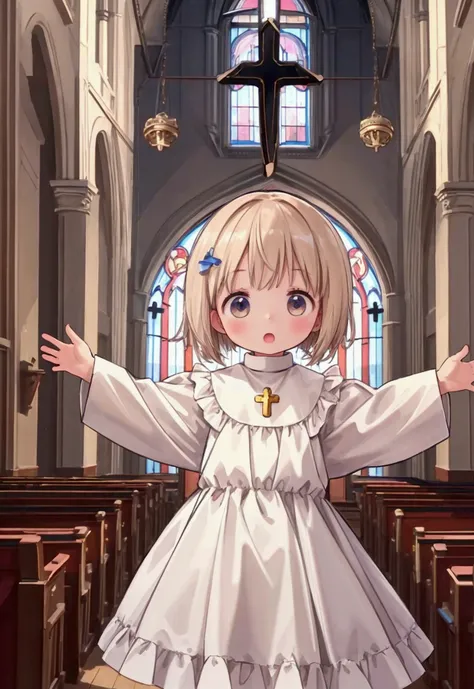 masterpiece, top quality, high definition ,Anatomical,Realistic, detailed description , Full Photo,8k,kawaii,((church)),((choirs)), Multiple People,((Two s)),Baby Face,Petite,flat body ,pure white smock,