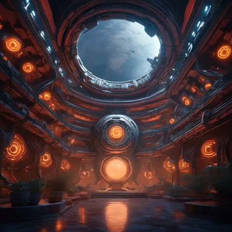 a giant ancient alien space station orbiting earth, detailed intricate ancient south american architecture with tentacle and viper designs, glowing evil lights emanating from its core and windows, highly detailed, cinematic lighting, dramatic composition, ...