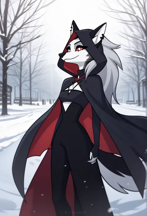 (1girl, solo), perfect body, slim,
anthro, robe, furry, smile, grim reaper outfits, cape covering whole body, long black cape, hoods covered head, head down, red eyes, day, snow, park, standing
Loona (Helluva Boss), best quality, masterpiece 