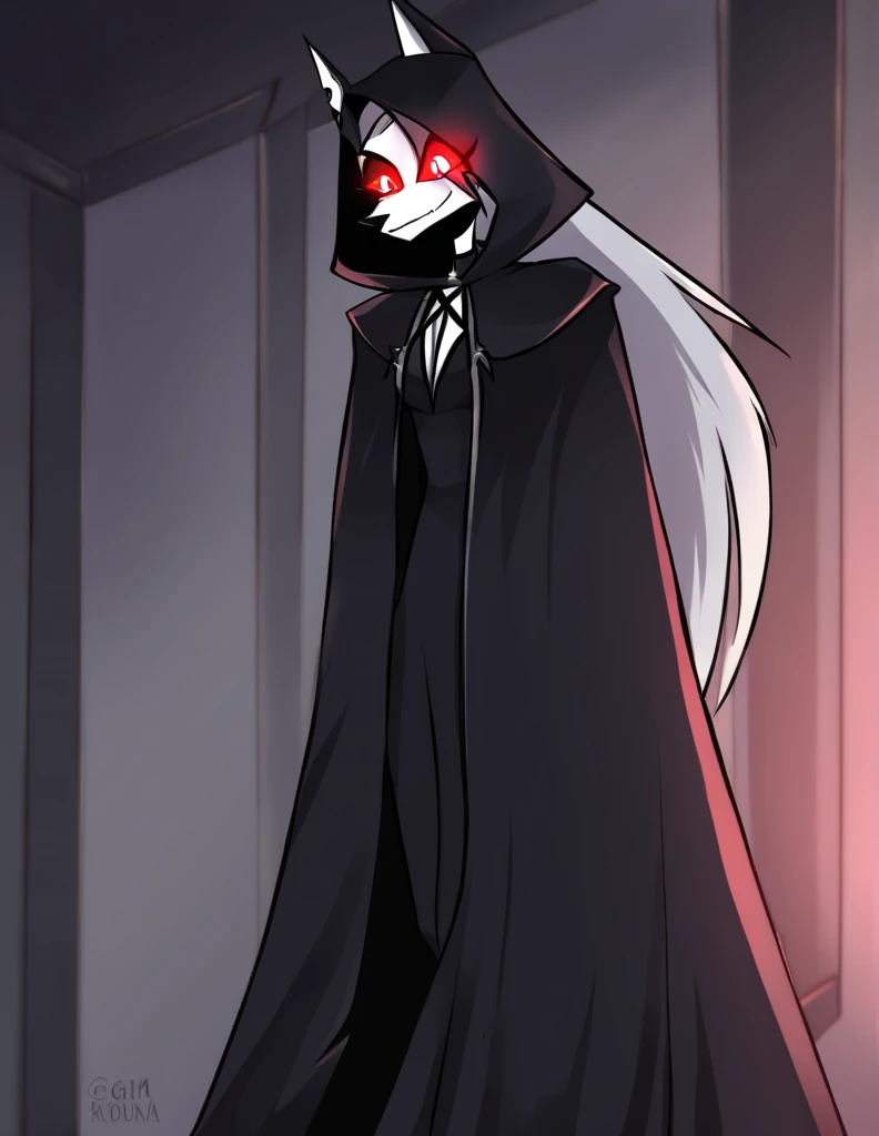 (1girl, solo), perfect body, slim,
anthro, robe, furry, smile, sinister look, grim reaper outfits, cape covering whole body, long black cape, hoods covered head, head down, red eyes,room, standing
Loona (Helluva Boss), 