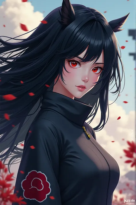 art style: Naruto the last . a female, with very long black hair ,  black eyes ,  White skin color,  and looks A LOT like Itachi Uchiha.