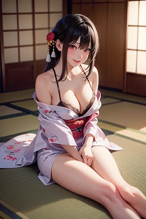 (( top quality)), ((  Masterpiece )), (  detailed hands , Detailed Fingers ,Detailed feet), perfect anatomy ,  1 28 year old Japanese girl, Side view of a girl,Turn your face to the audience to the audience,Big Breasts, sexy girl ,Sit with your foot down o...