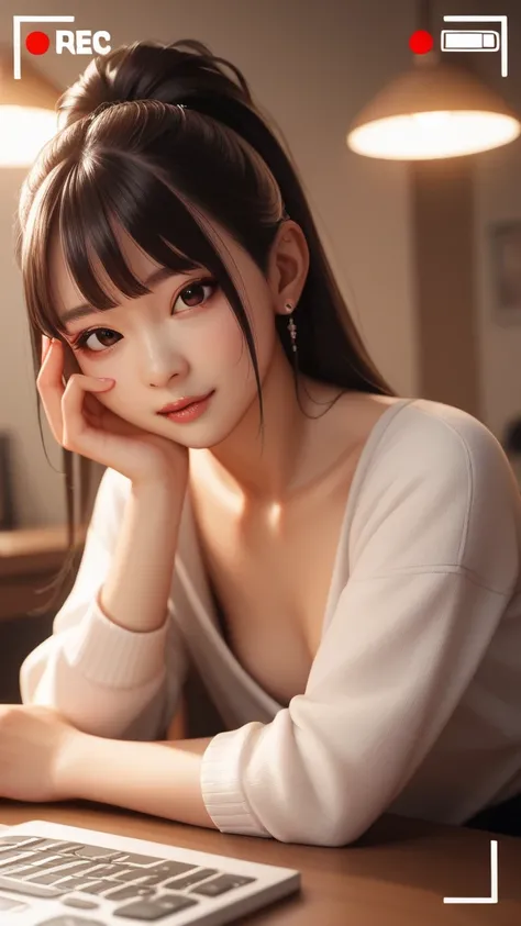 A beauty charming asian vlogger sets up her filming area, carefully arranging trendy skincare products on a sleek table while recording on her Sony A90 700mm lens. Soft, diffused lighting creates an inviting atmosphere, showcasing her creative process. --a...