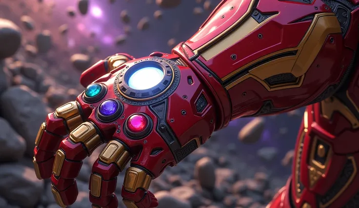 "The Infinity Gauntlet slowly fusing with Iron Mans armor, creating a completely new and terrifying design."