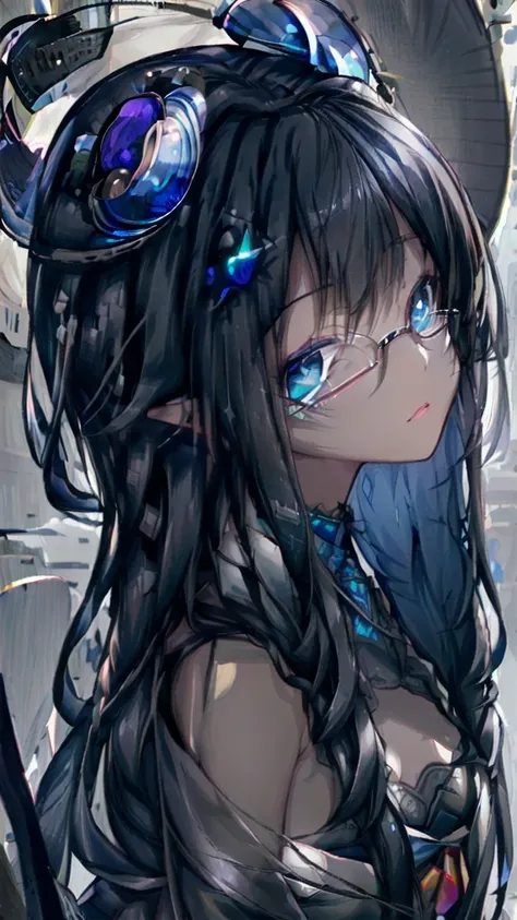 (( Long Black Hair, Teenage Woman Wearing Glasses)), School,  master part ,  professional artist ,  Famous Artwork ,  perfect face,(  glowing eyes :1),  beautiful face, Rico, Uniforme Schoolr, Seraph,  blue eyes,  headband behind a tree,  braid hair,  Cowb...