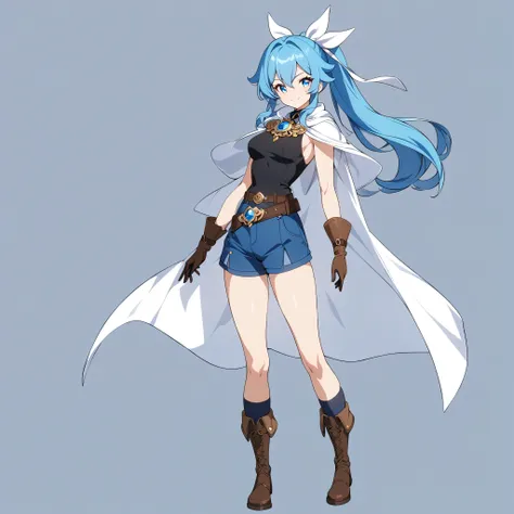 sharp eyes, anime girl proportions, only 1girl, 1girl, smile, white big ribbon, vivid blue hair, long blue ponytail, hair ribbon, white cape, black tank top, blue shorts, brown belt, brown boot, gloves, confident expression, standing pose, full body, anime...