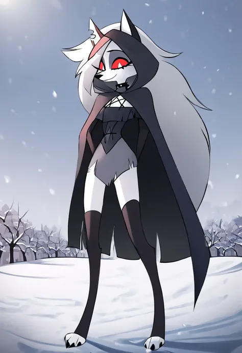 (1girl, solo), perfect body, slim,
anthro, robe, furry, smile, grim reaper outfits, cape covering whole body, long black cape, hoods covered head, head down, red eyes, day, snow, park, standing
Loona (Helluva Boss), best quality, masterpiece 