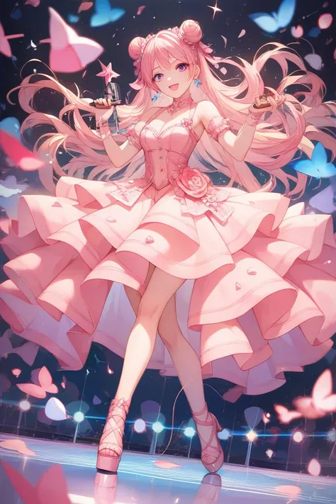 full body, pink dress, Multi Colored Eyes , 超 high definition ,   Masterpiece , singer,Idol, Anatomically Correct ,  super detailed,   high detail ,  High Quality , 最 High Quality ,  high definition , 16k