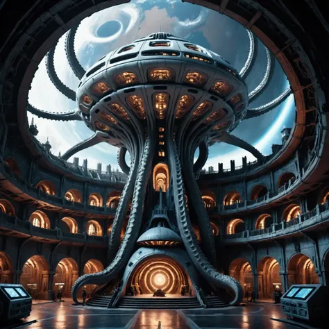 A massive ancient alien space station orbiting the Earth, intricate tentacle and viper-like architecture reminiscent of South American design, an ominous glow emanating from its core and windows, cinematic lighting, highly detailed, photorealistic, dramati...