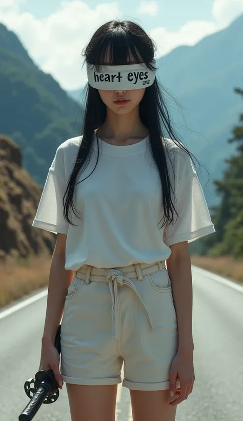 Whole body expression、One woman、21 years old、 Japanese、 black hair long hair、With bangs、 is wearing a white blindfold in Japanese、As a blindfold, 「Heart Eyes」 is written on the blindfold 、 white t-shirt 、 shorts that will leave your neck bare、 holding a Ja...