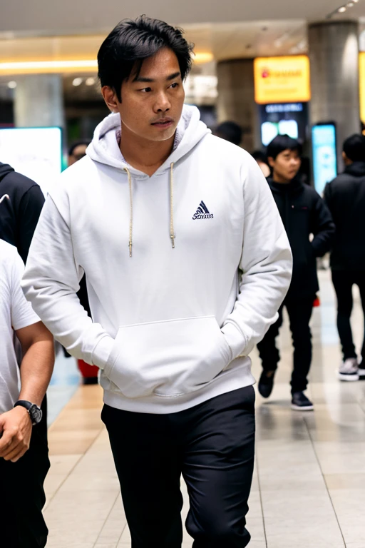 Dark-skinned Asian man walks around Siam Paragon wearing hoodie