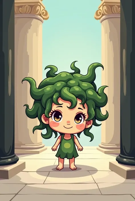 Chibi cartoon 
Little Medusa doll with snake hair
In the middle, between the black pole is on the left and the white pole is on the right.
Living in a Greek temple
rens fairy tale image style