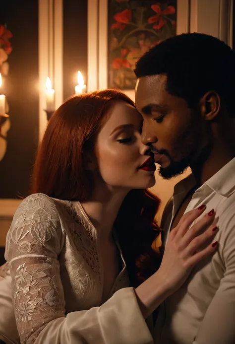 Caucasian actress Karen Gillan and African American actor Rege-Jean Page share a steamy and passionate kiss inside a bedroom lit only by candlelight. Both are clothed lightly for the bedroom. Both look happy and in love with each other. Karen has lovely ma...