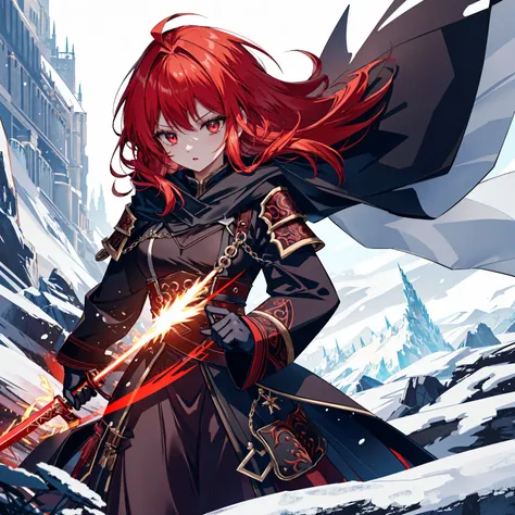 A female warrior wearing a long, ragged red hooded cloak, red hair, holding a large, ornate, wear wolf, red demonic-looking sword. She stands in a dark, snowy, mountainous landscape, with crags and icy winds swirling around her. her eyes glow with a supern...