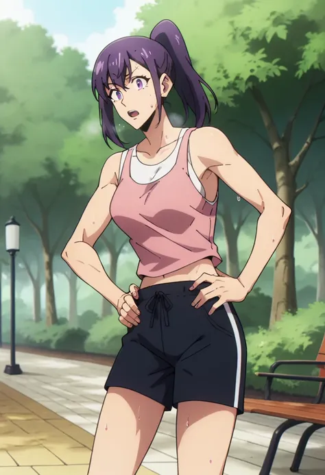 score_9, score_8_up, score_7_up,
SungJinahSL, 
1girl, solo, open mouth, sweat,
purple hair, purple eyes, ponytail,
Jinah, pink tanktop, black shorts, black leggins,
Hands on hips, looking at the viewer,
outdoors, tree, forest, park