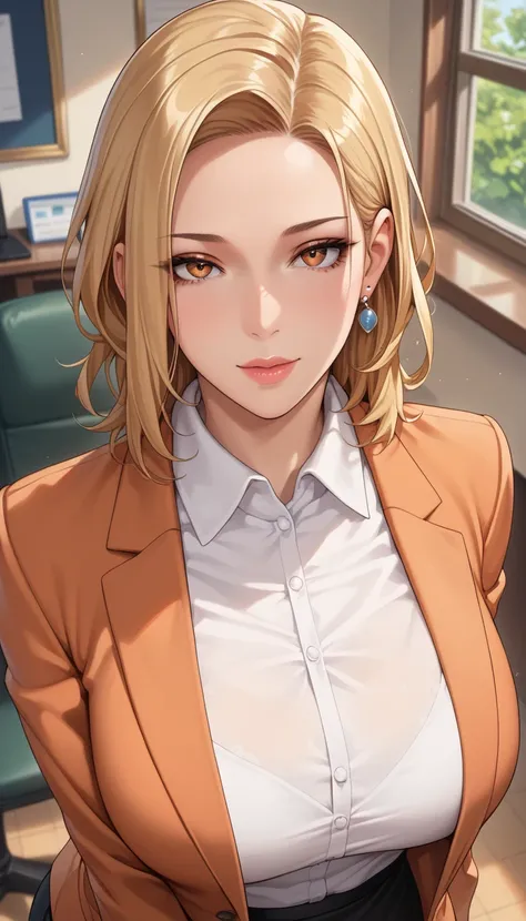 (masterpiece, best_quality:1.2), 1girl, solo, mature female, blonde hair, medium hair, (office work:1.5, wear summer suit, white shirt, orange blazer), watches, belts, earrings, beautiful eyes, female focus, looking at viewer, large breast, wide hips, ((ab...