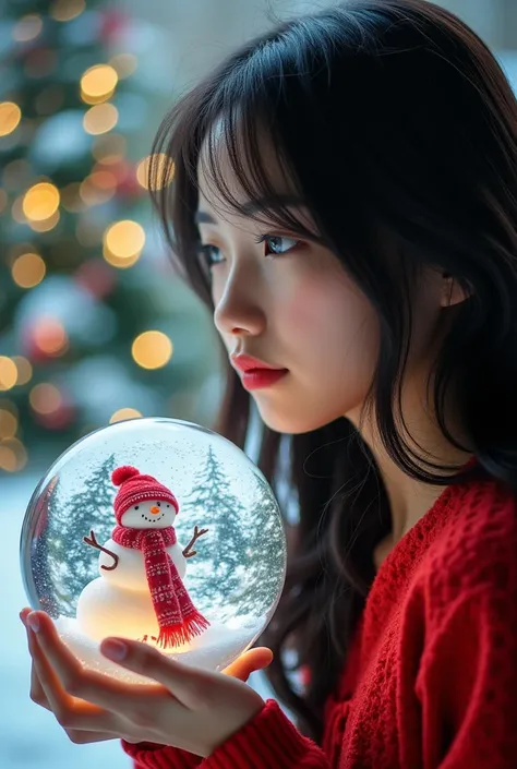 (RAW photo, real photo, high quality, masterpiece), ( woman look at a Christmas ice crystal ball and Christmas ice crystal ball show her sit inside, Christmas tree with gift, snowman ), A young Japanese woman with smooth, porcelain skin and long, silky bla...