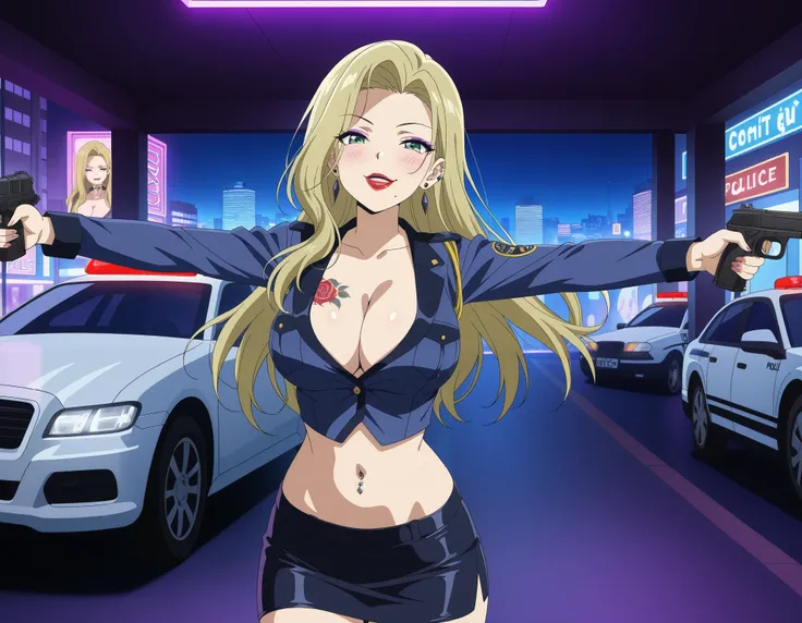 KJOsayo, long hair, blonde hair, green eyes, , mole under mouth, purple eyeshadow, long hair, 1girl, earrings, red lips, large breasts, ear piercing, long hair, blush, lipstick,Hot girl, baddie, smoking, sensual, attractive , cityscape, , nightclub, , city...