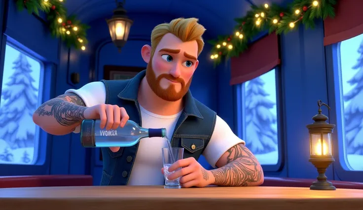 A close-up Pixar-style Disney studio cartoon shot of Jaschka1 pouring crystal-clear vodka from a bottle labeled **“Vodka”** into a small glass in the cozy blue train compartment. Jaschka1’s tattooed forearm flexes slightly as he grips the bottle with one h...