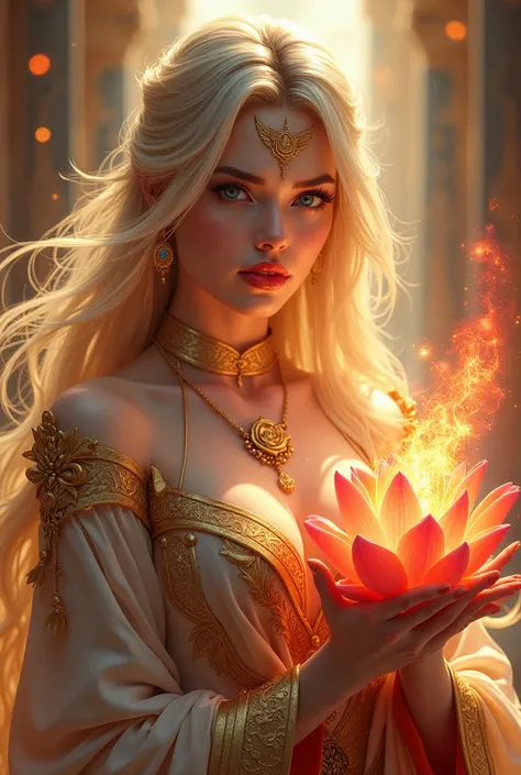 The most beautiful heroine-blonde of Xianxia, cold face, dark red dominant lips with a golden hue, long hair, long bangs, blue burning eyes, not wearing a majestic outfit with gold color, tight clothes, big breasts, clothes with a Gokden pattern, detailed ...