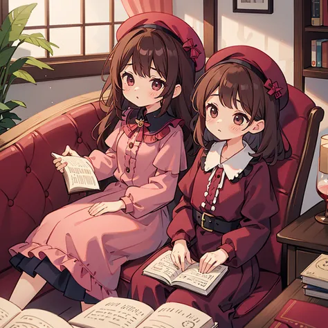  one girl、Age 15、 beautiful burgundy dress with a bag( lots of ruffles )、Wear a beret、Luxurious Room、 sit on the sofa、 reading a book、 True Love、 Brown Hair( wave hair)