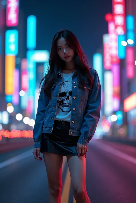 A Korean girl with a beautiful face of very long hair wearing a jeans jacket labeled a cool skull and a short black skirt and boots is standing at night on a highway with beautiful colorful neon buildings 