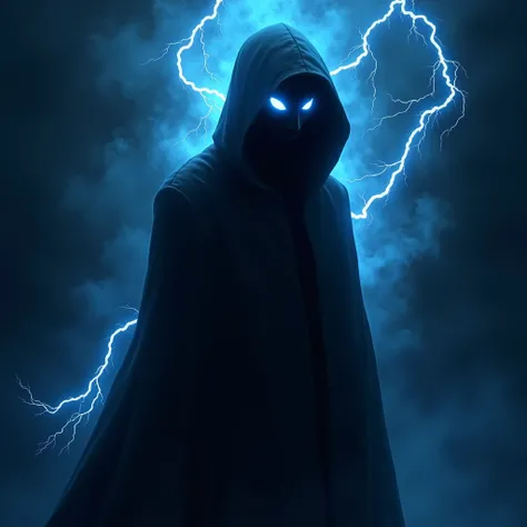 Profile pic based on this theme: dark shadow standing with blue eyes and face not visible in shadow in a black hoodie like a ghost and emitting blue electricity and lightening in background posing at an angle