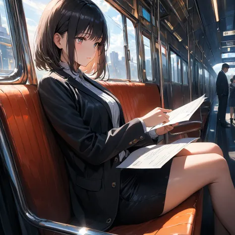 (masterpiece:1.2), high quality, high resolution, attention to detail, 4K, 8K, illustrative realism, dazzling sunlight, 1woman is sitting on a train seat, reading documents, angle from a diagonal, looking away, straight bob hair, A gaze that captivates the...