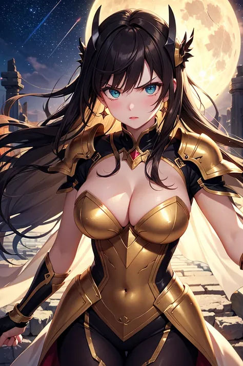 A beautiful girl in golden armor walking in the night, scorpioarmor, white cape, armor, golden shinning armor, reflection armor, helmet, greek ruins background, night sky, starry sky, full moon, big rounds breasts, (cleavage:1.2), dark brown hair, long ban...