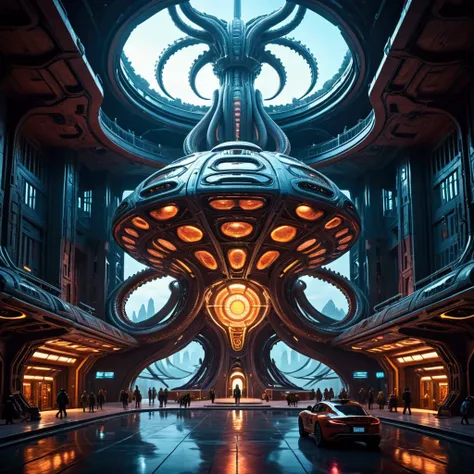 a massive futuristic alien space station orbiting the earth, ancient south american architecture with tentacles and viper motifs, evil glowing lights emanating from the core and windows, intricate detailed mechanical design, cinematic lighting, dramatic sc...