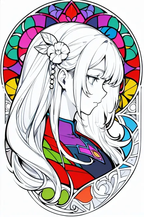 Adult coloring books, comics, (( Line Art)), (((No color is used ))),  white background ,  like stained glass,  beauty,  female profile , No coloring , 