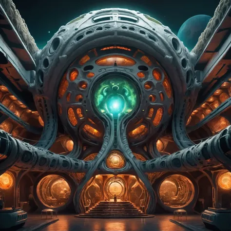 An alien space station orbits Earth, the space station is ancient with tentacle and viper stylings reminiscent of South American architecture, evil light glows from its core and out a few windows
