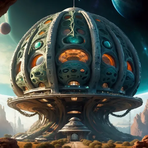 An alien space station orbits Earth, the space station is ancient with tentacle and viper stylings reminiscent of South American architecture, evil light glows from its core and out a few windows
