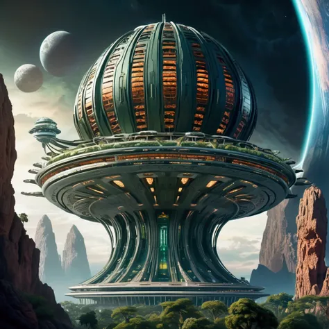 An alien space station orbits Earth, the space station is ancient with tentacle and viper stylings reminiscent of South American architecture, evil light glows from its core and out a few windows
