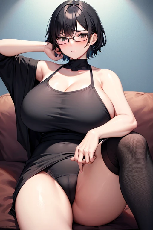 gigantic breast, black hair、Short Hair、 chubby、Glasses、ニットセーター,milf,  high definition , masterpiece,  Anatomically Correct, accurate, 最 High Quality ,  high detail,  high image quality model,  High Quality ,  sit on the sofa、Look down、 sad、Unlucky、Sorry 、c...