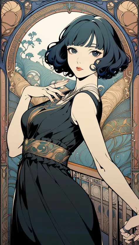 ((masterpiece)), ((best quality)), ((absurdres)), 1girl, solo, looking at viewer, short hair, black hair, dress, jewelry, sleeveless, necklace, black eyes, black dress, lips, sleeveless dress, bob cut, ring, stairs, railing,((art nouveau style , decorative...