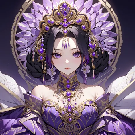 ((Highest quality)), ((masterpiece)), (detailed), （Perfect Face）、The woman is Shinobu Kocho, a Russian with black hair in a purple gradient bob style, tied up in a formal evening hairstyle.、The woman is beautifully dressed in the gorgeous and dazzling dres...