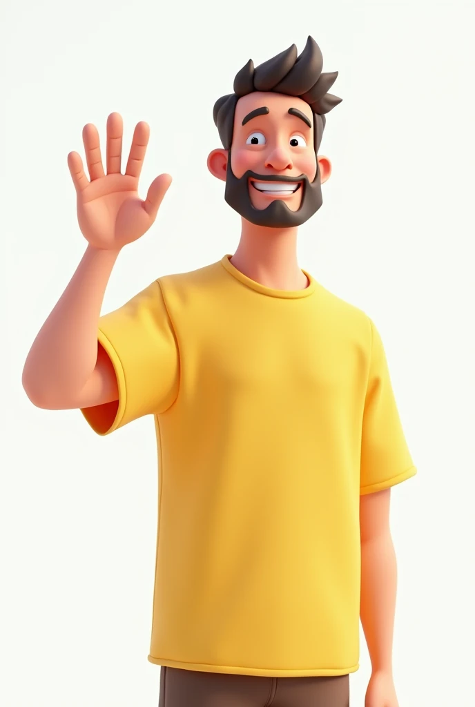 3d cartoon of a man in front wearing a plain yellow blouse, waving with his left hand on a white background 