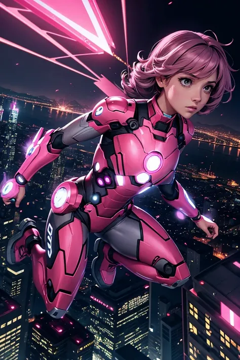 A female character that is a pink and grey Ironman, flying above a nighttime cityscape