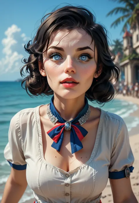 Realistic, Elizabeth Comstock from "Bioshock Infinite", ((running)), ultra-detailed face, beautifully detailed eyes, indoor artifical beach background, d3t41l3d 