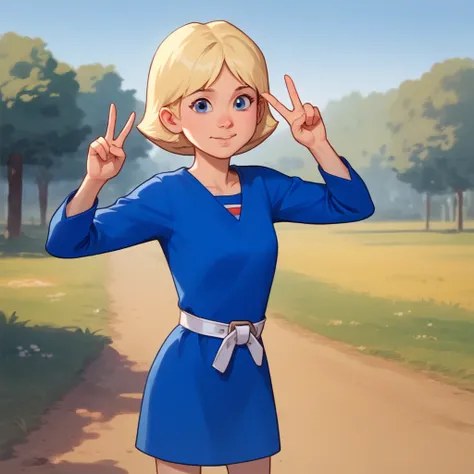 score_8_up, BREAK, JillSmith, 1girl, solo, short hair, blonde hair, blue eyes, blue dress, long sleeves, white belt, striped shirt, yellow buckle, cowboy shot, outdoors,  looking at viewer, double v,