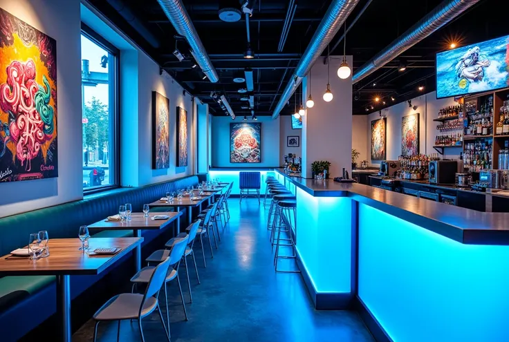 8. Urban Chic pub style ,  with shiny metal details ,  transparent glass and blue LED lighting , WHITE.  Table and chairs made of stainless steel and glass countertops,  combined with street art paintings on the walls .  Modern and luxurious space .  The i...