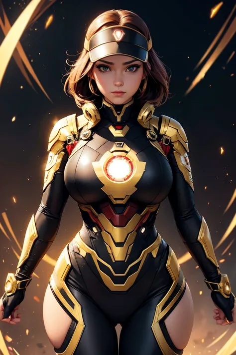 A curvy female character that is a black and gold trimmed Ironman, the visor is shaped like  a very feminine face